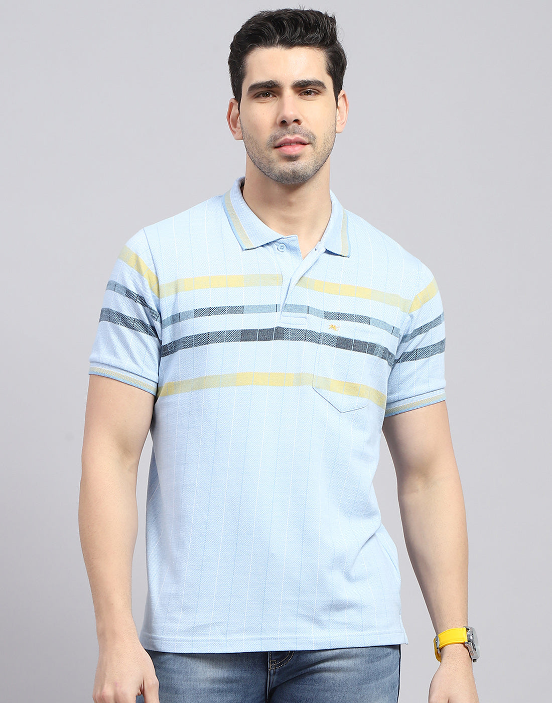 Men Blue Stripe Polo Collar Half Sleeve T-Shirt