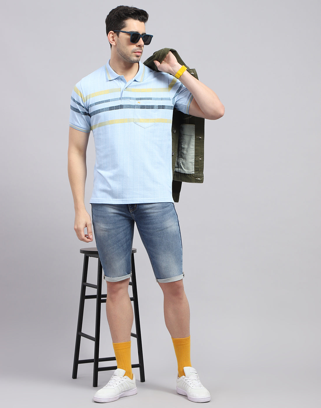 Men Blue Stripe Polo Collar Half Sleeve T-Shirt