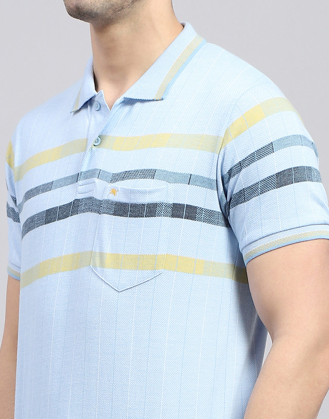 Men Blue Stripe Polo Collar Half Sleeve T-Shirt