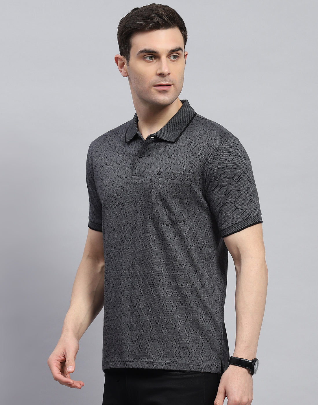 Men Charcoal Printed Polo Collar Half Sleeve T-Shirt