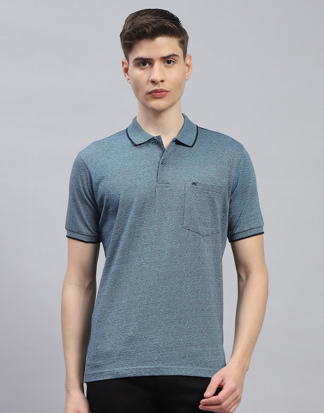 Men Blue Stripe Polo Collar Half Sleeve T-Shirt