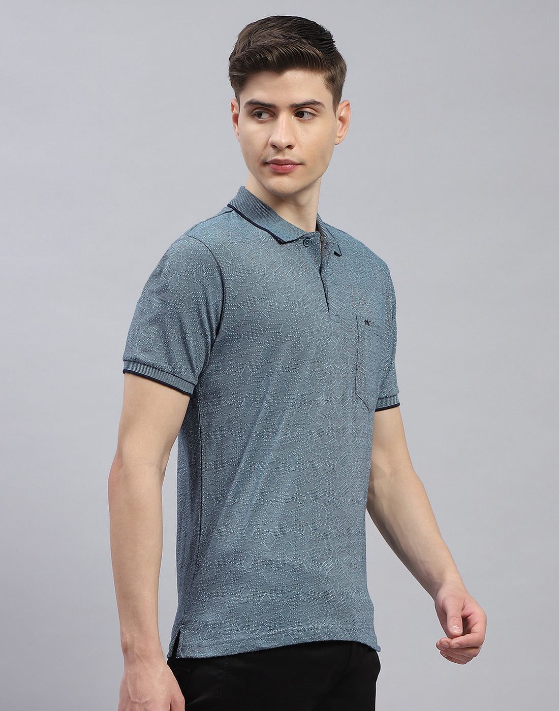 Men Blue Stripe Polo Collar Half Sleeve T-Shirt