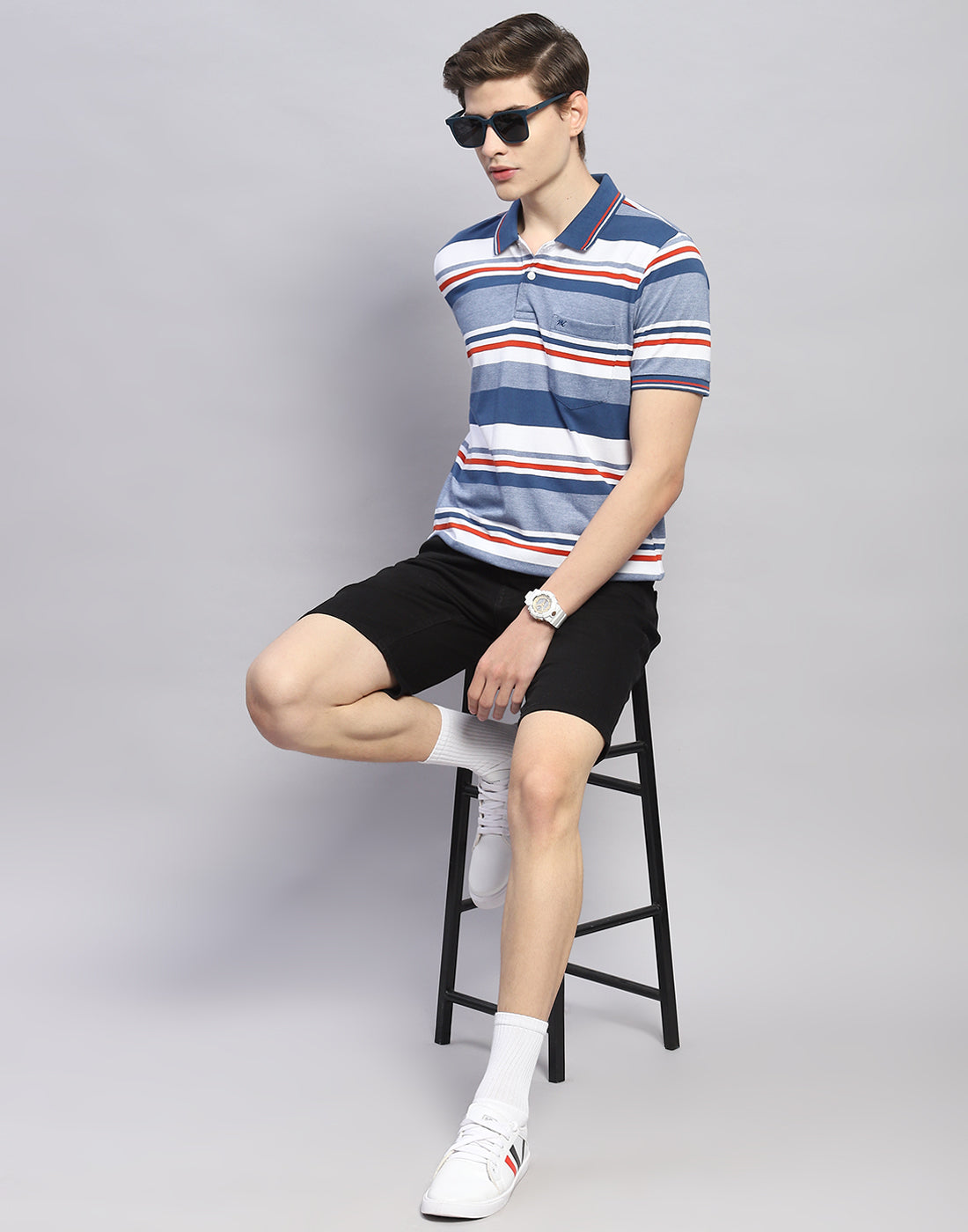 Men Blue Stripe Polo Collar Half Sleeve T-Shirt