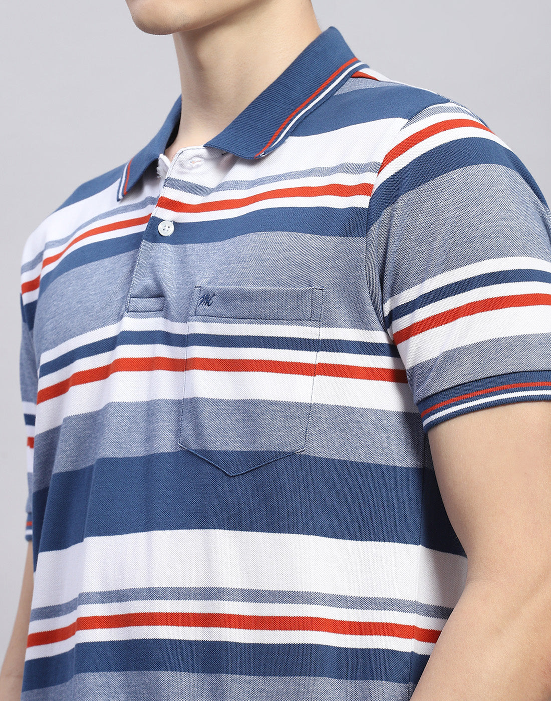 Men Blue Stripe Polo Collar Half Sleeve T-Shirt