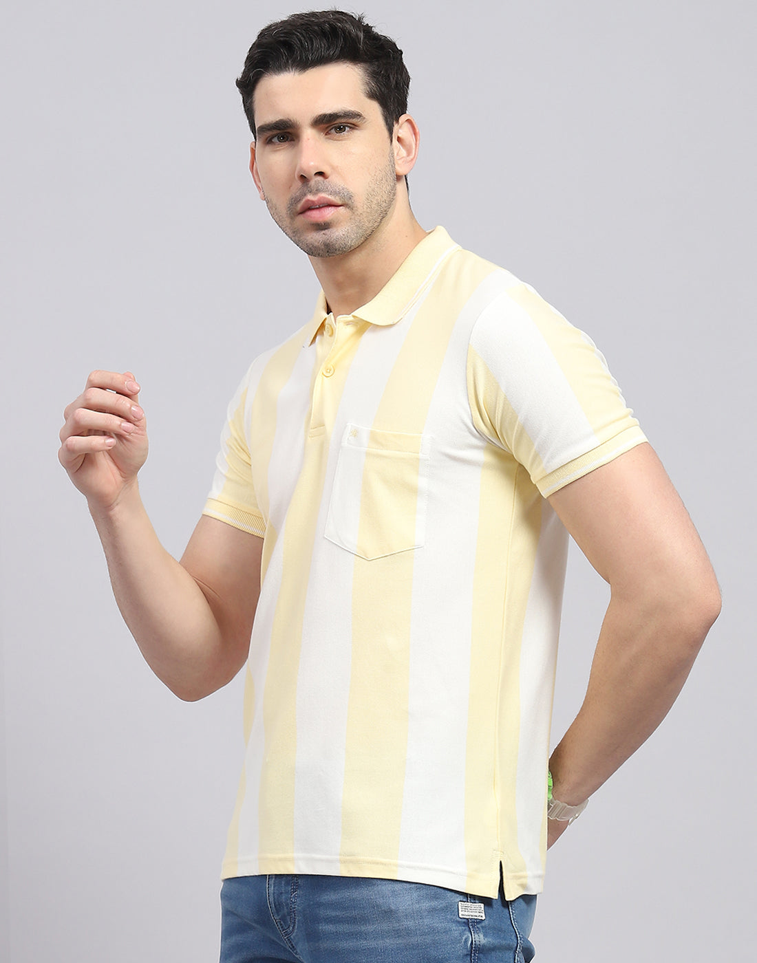 Men Yellow Stripe Polo Collar Half Sleeve T-Shirt