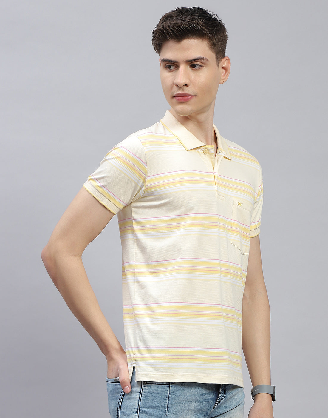 Men Yellow Stripe Polo Collar Half Sleeve T-Shirt