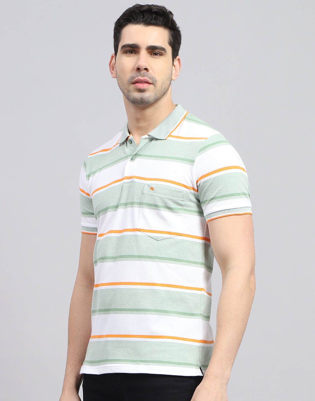 Men Green Stripe Polo Collar Half Sleeve T-Shirt
