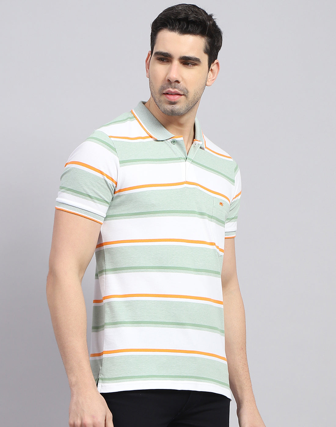 Men Green Stripe Polo Collar Half Sleeve T-Shirt