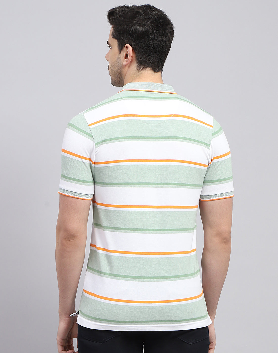 Men Green Stripe Polo Collar Half Sleeve T-Shirt