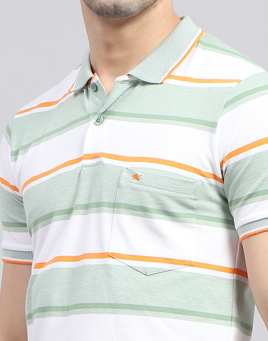 Men Green Stripe Polo Collar Half Sleeve T-Shirt