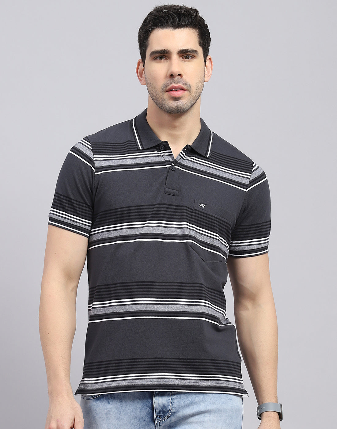 Men Charcoal Stripe Polo Collar Half Sleeve T-Shirt