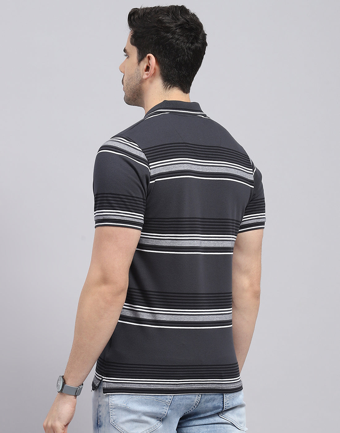 Men Charcoal Stripe Polo Collar Half Sleeve T-Shirt