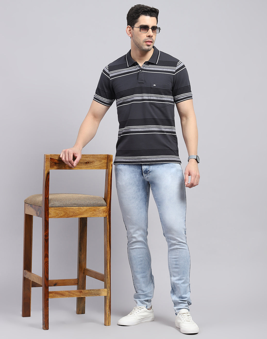 Men Charcoal Stripe Polo Collar Half Sleeve T-Shirt