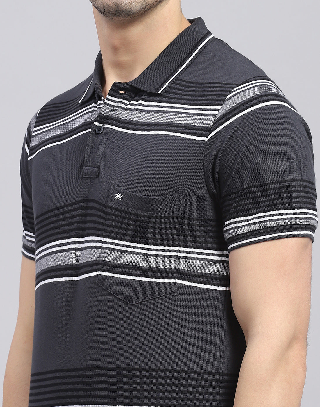 Men Charcoal Stripe Polo Collar Half Sleeve T-Shirt