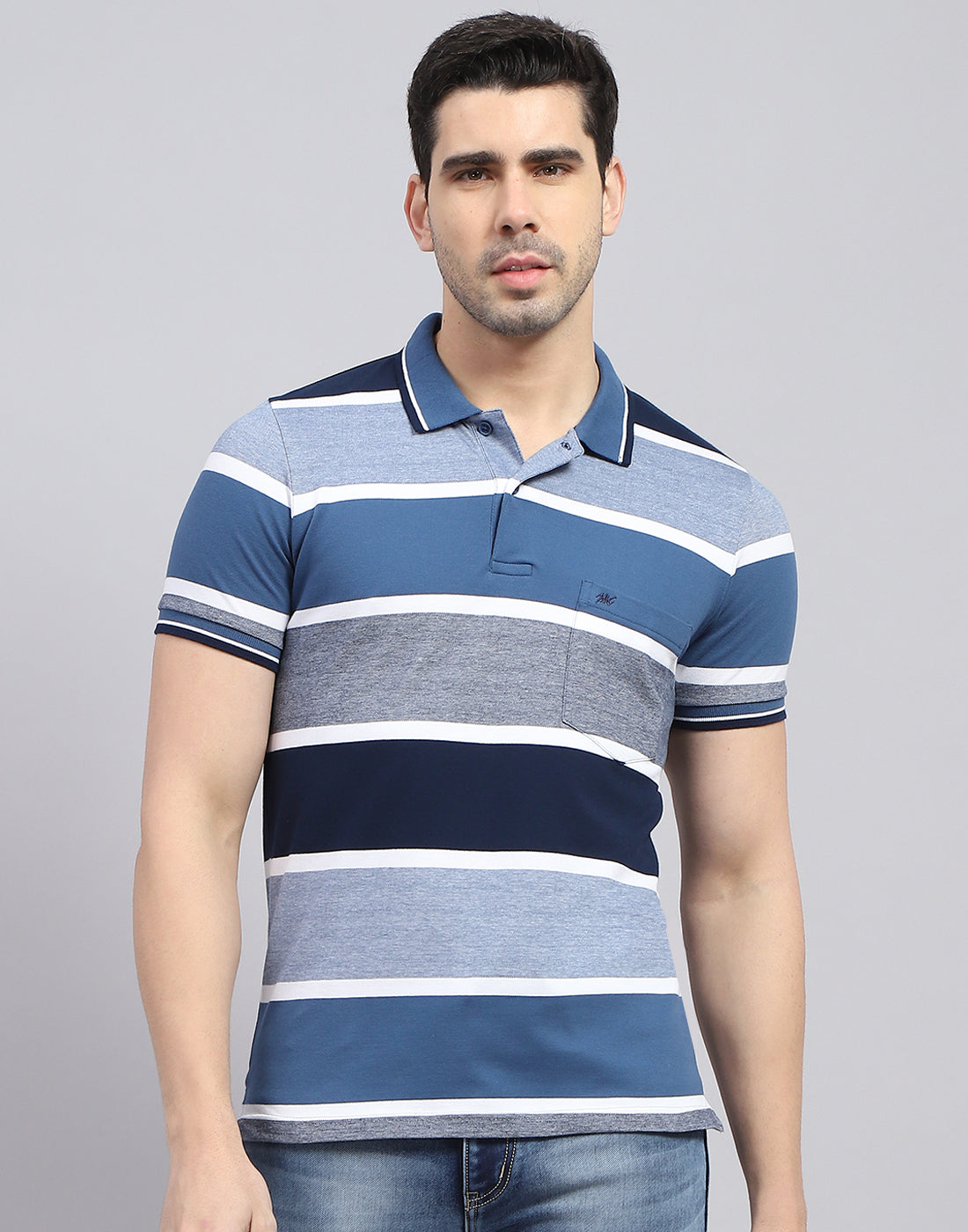 Men Blue Stripe Polo Collar Half Sleeve T-Shirt