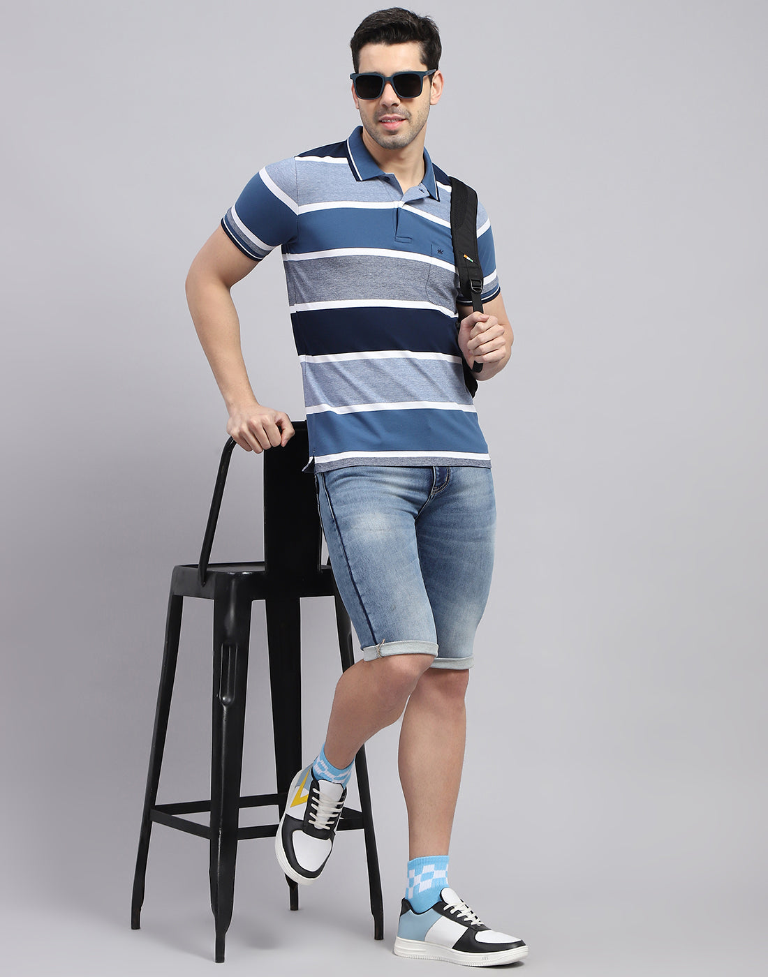 Men Blue Stripe Polo Collar Half Sleeve T-Shirt