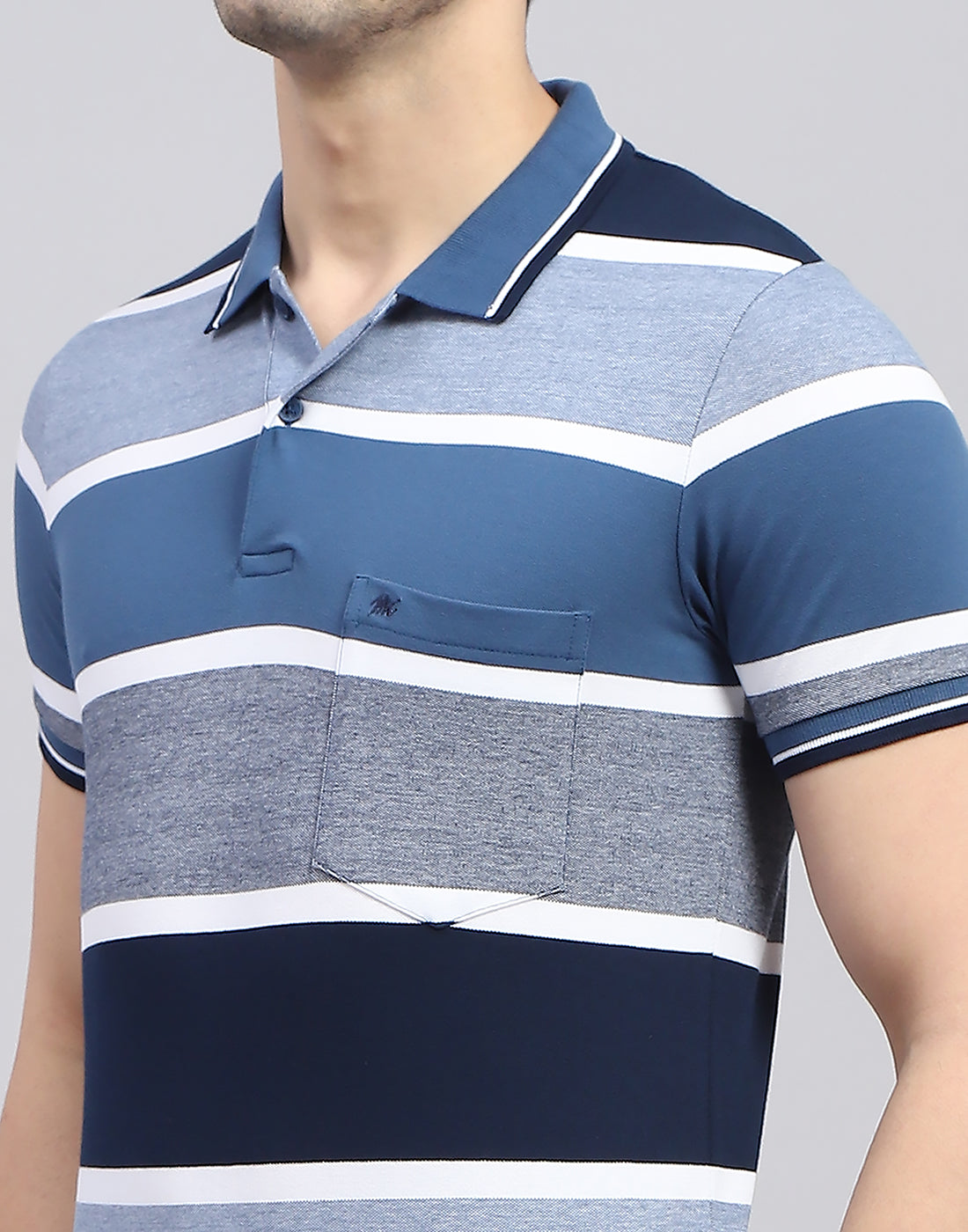 Men Blue Stripe Polo Collar Half Sleeve T-Shirt