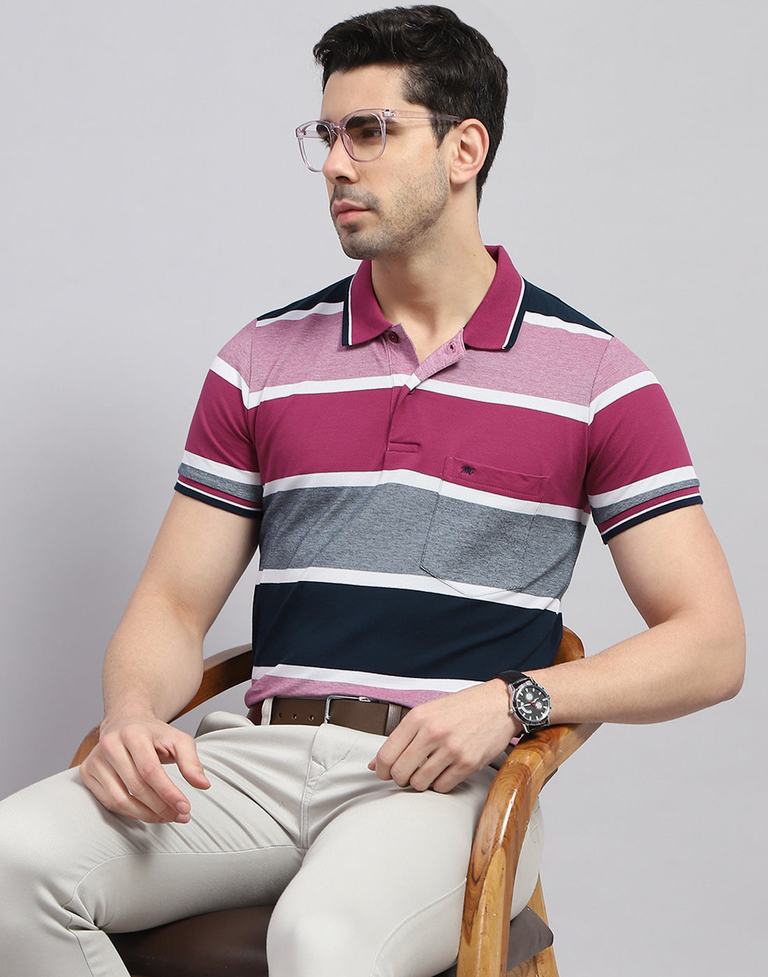 Men Red Stripe Polo Collar Half Sleeve T-Shirt