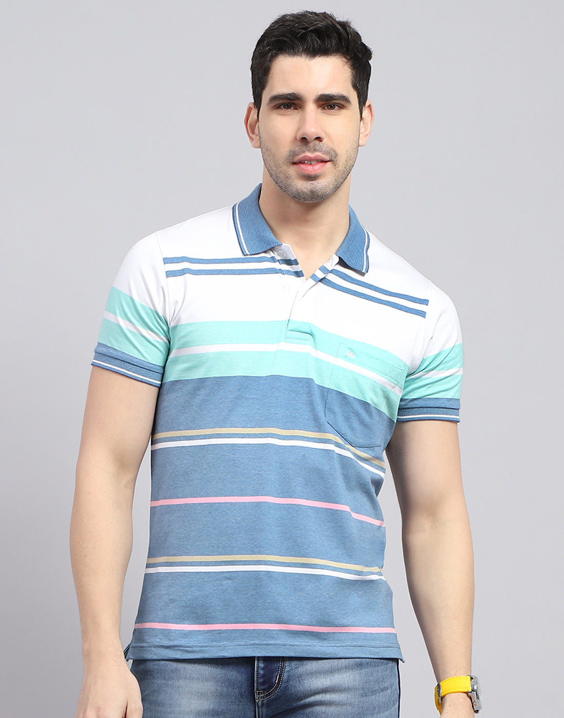 Men Blue Stripe Polo Collar Half Sleeve T-Shirt