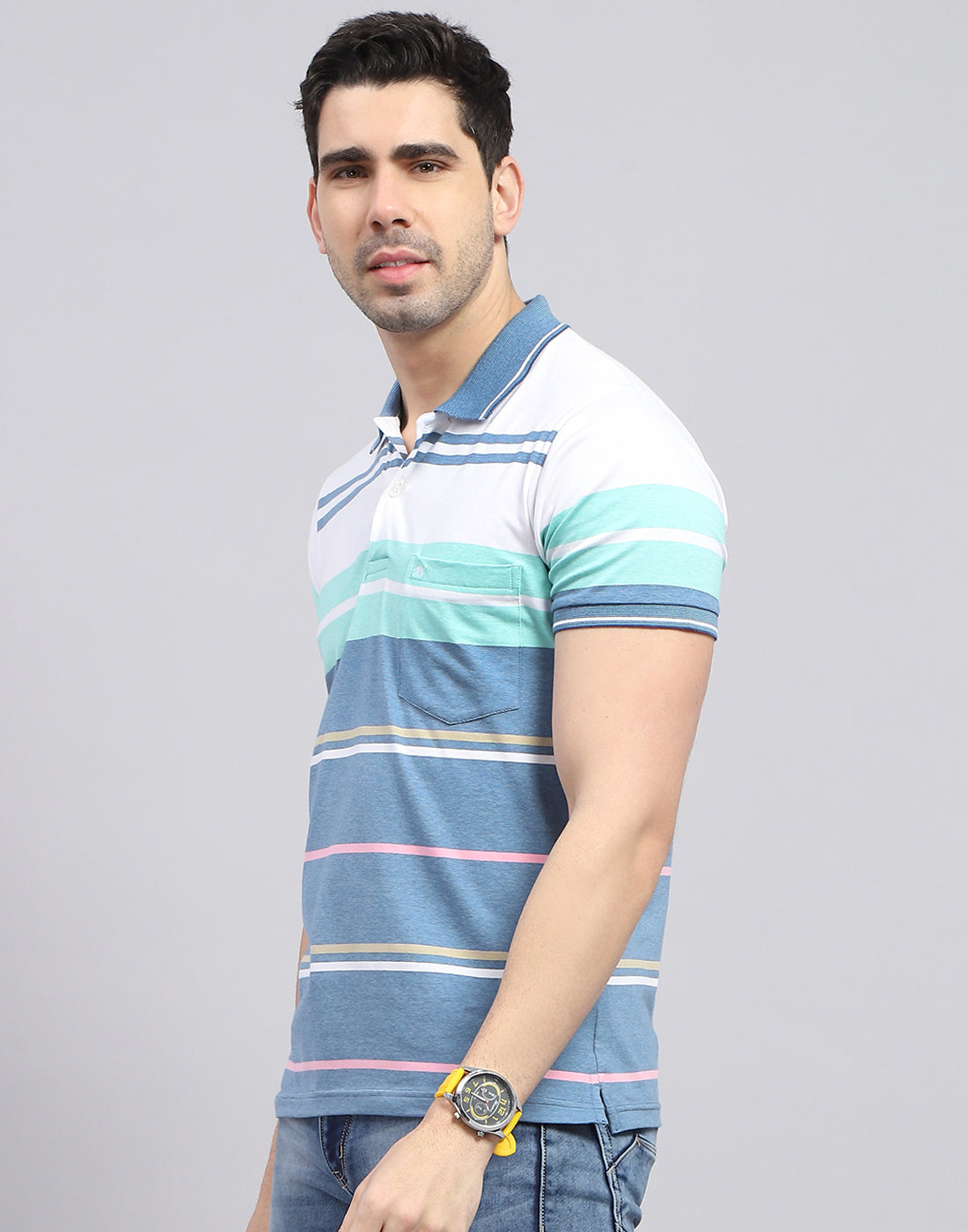 Men Blue Stripe Polo Collar Half Sleeve T-Shirt