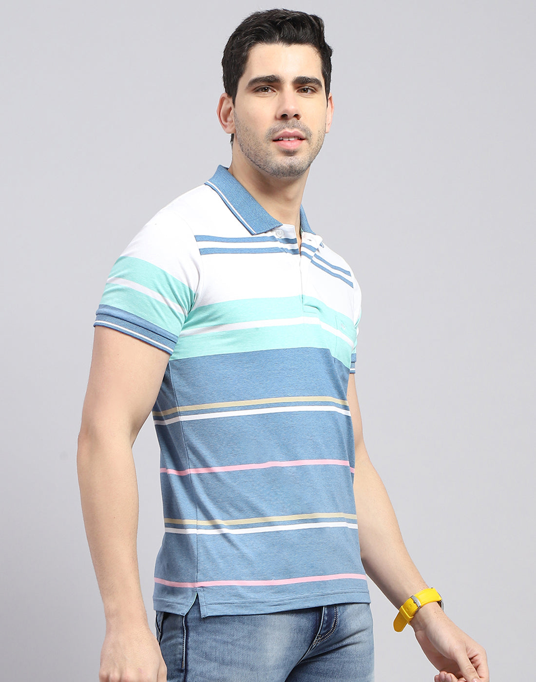 Men Blue Stripe Polo Collar Half Sleeve T-Shirt
