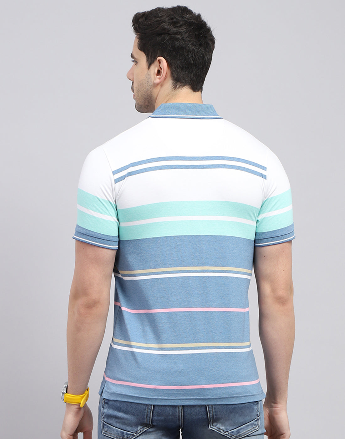Men Blue Stripe Polo Collar Half Sleeve T-Shirt
