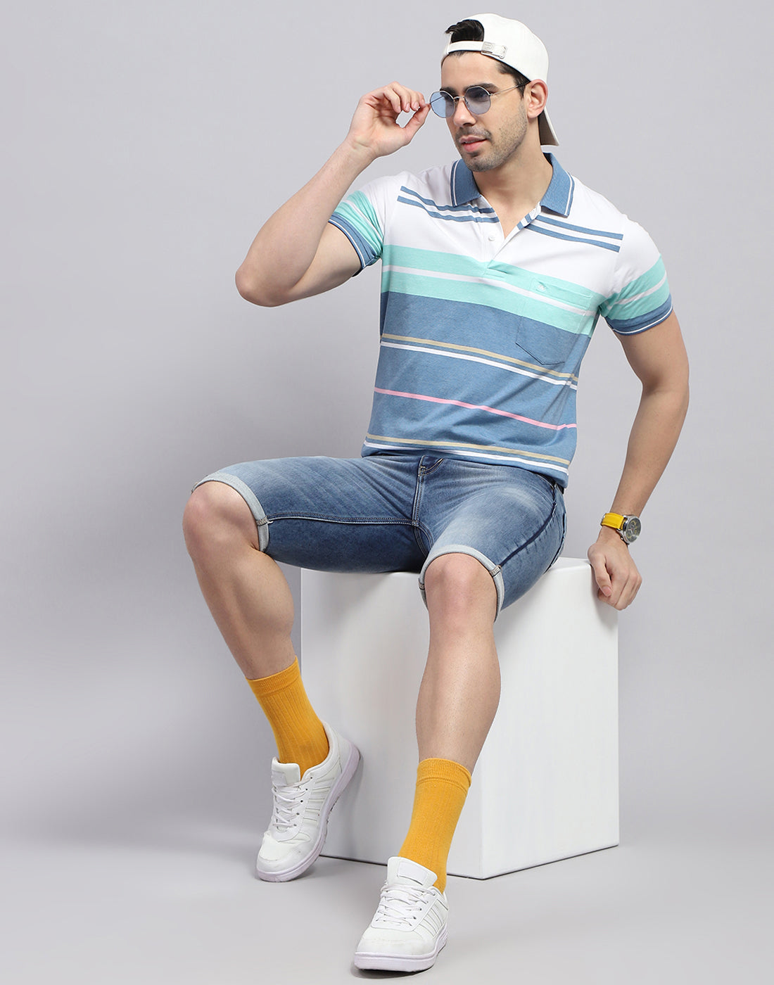 Men Blue Stripe Polo Collar Half Sleeve T-Shirt