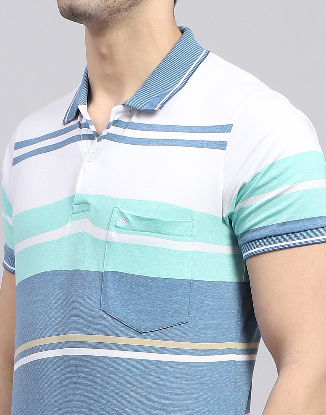 Men Blue Stripe Polo Collar Half Sleeve T-Shirt