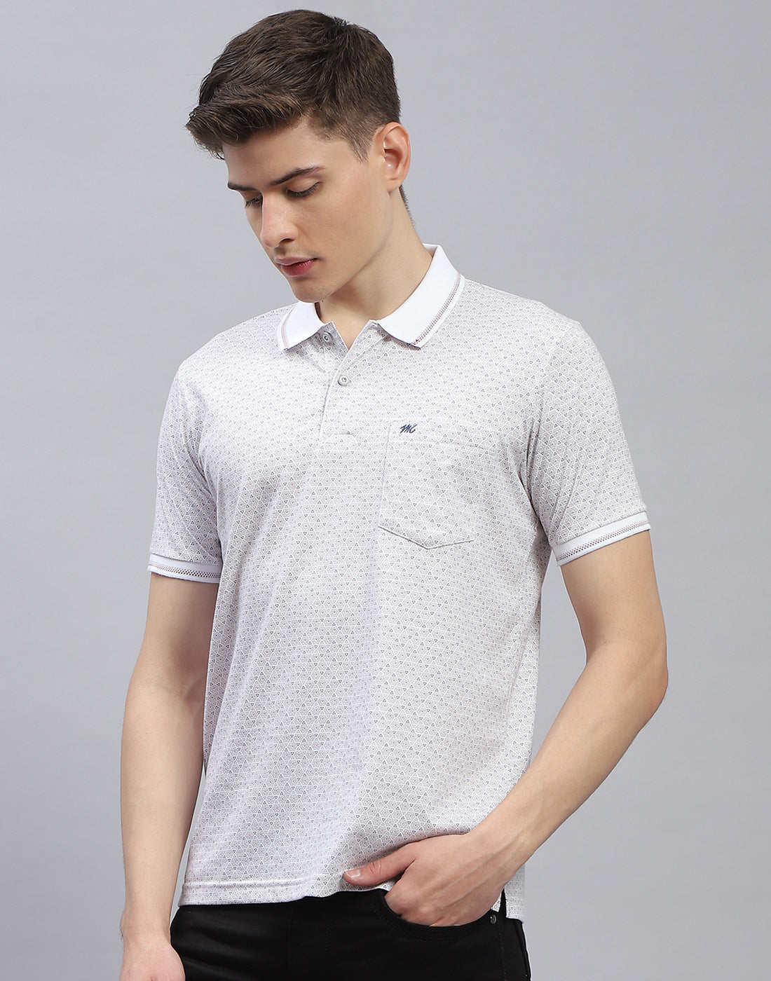 Men White Printed Polo Collar Half Sleeve T-Shirt