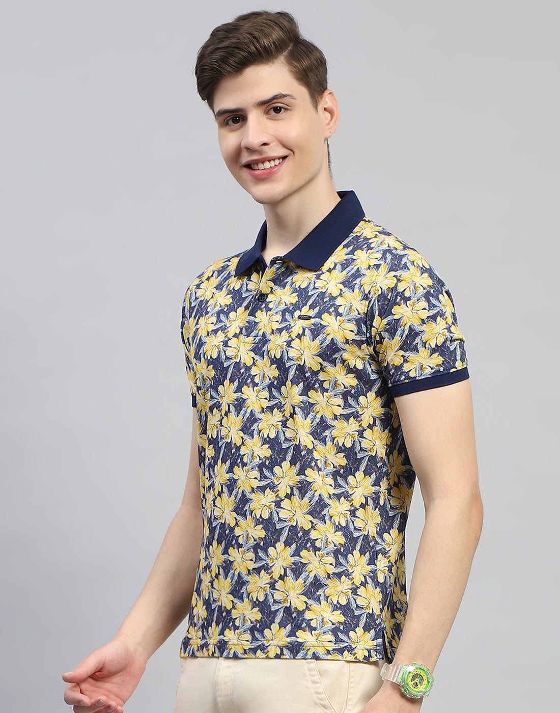 Men Navy Blue Printed Polo Collar Half Sleeve T-Shirt