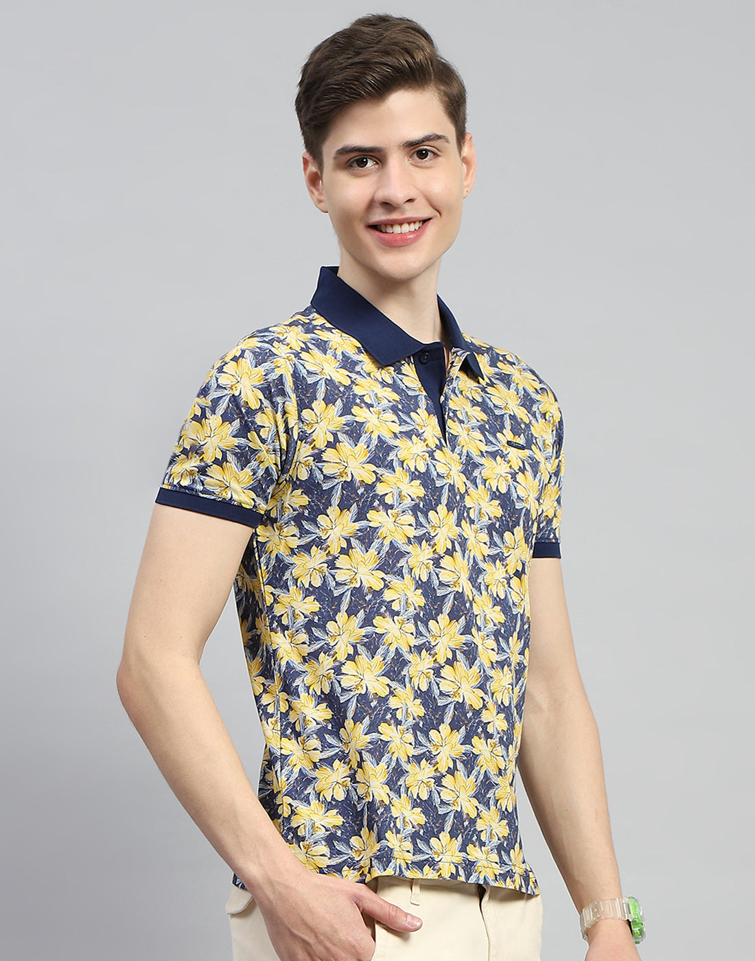 Men Navy Blue Printed Polo Collar Half Sleeve T-Shirt
