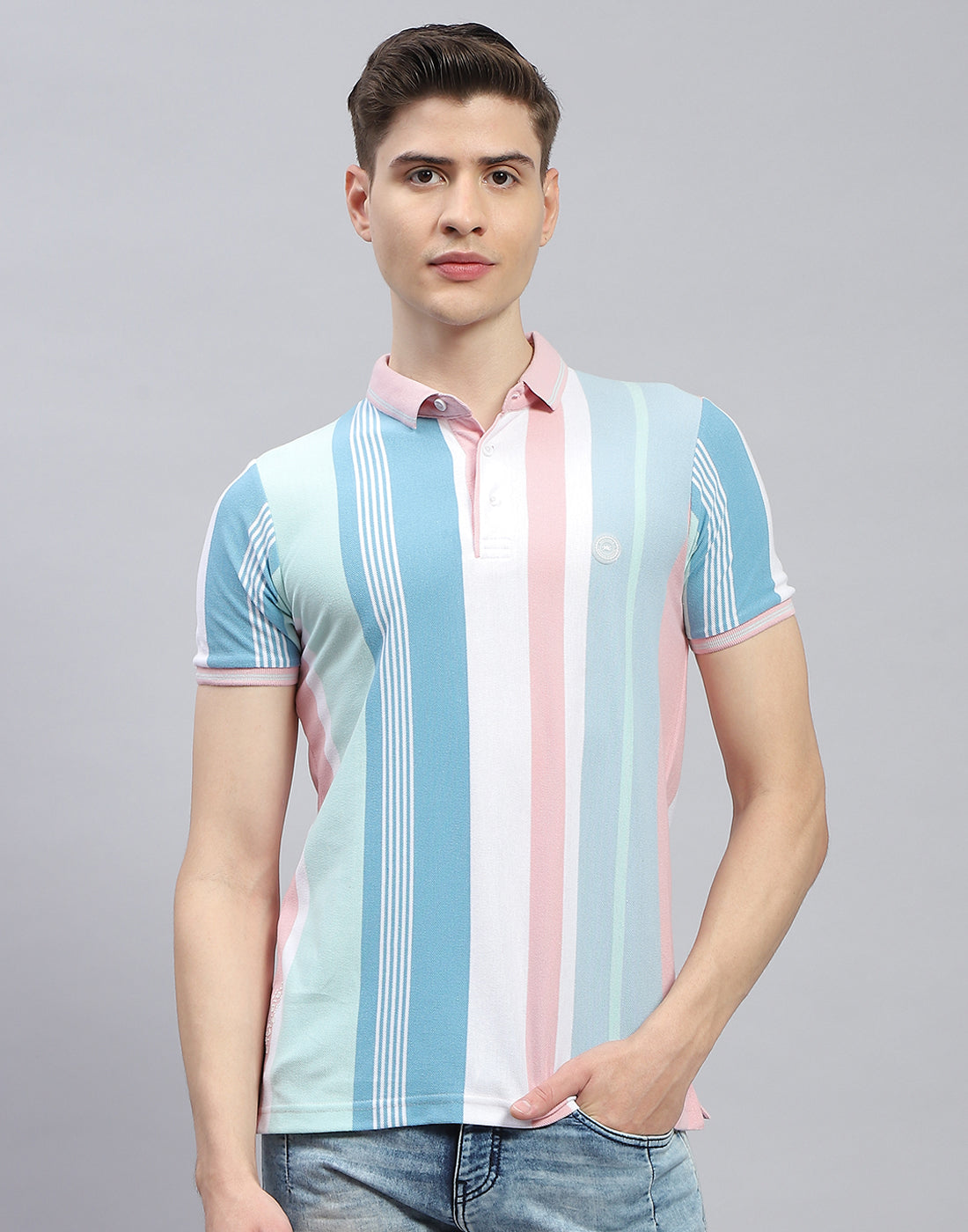 Men Pink Stripe Polo Collar Half Sleeve T-Shirt