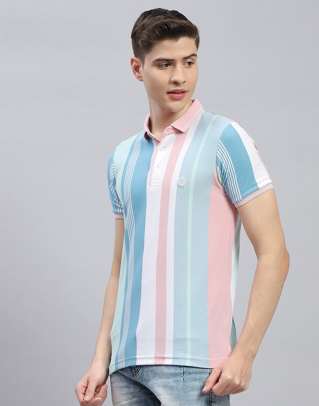 Men Pink Stripe Polo Collar Half Sleeve T-Shirt