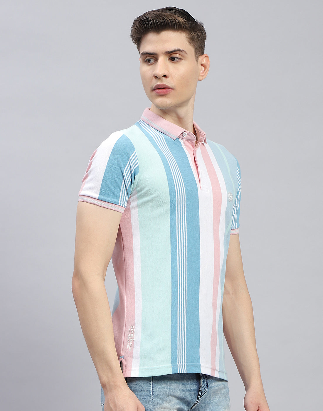 Men Pink Stripe Polo Collar Half Sleeve T-Shirt