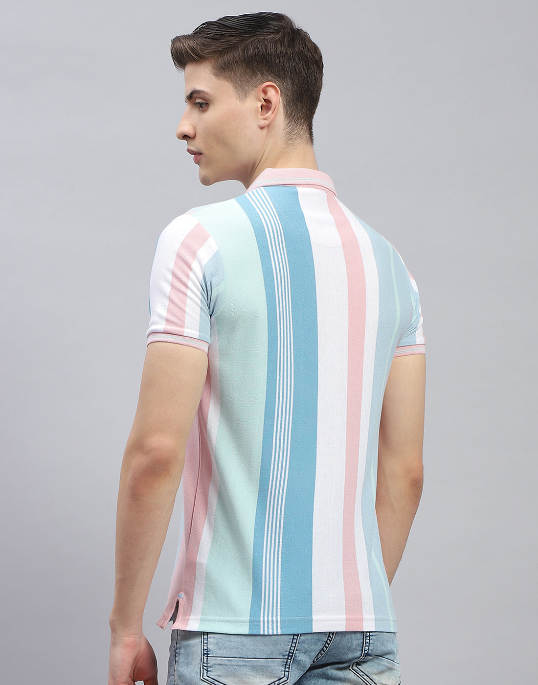 Men Pink Stripe Polo Collar Half Sleeve T-Shirt