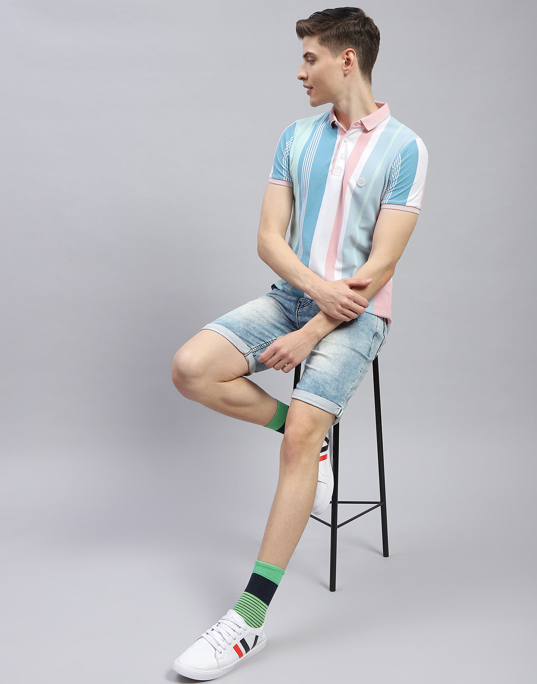 KURIOSITAET - Decora Kei Pink Striped Polo Collar T-shirt