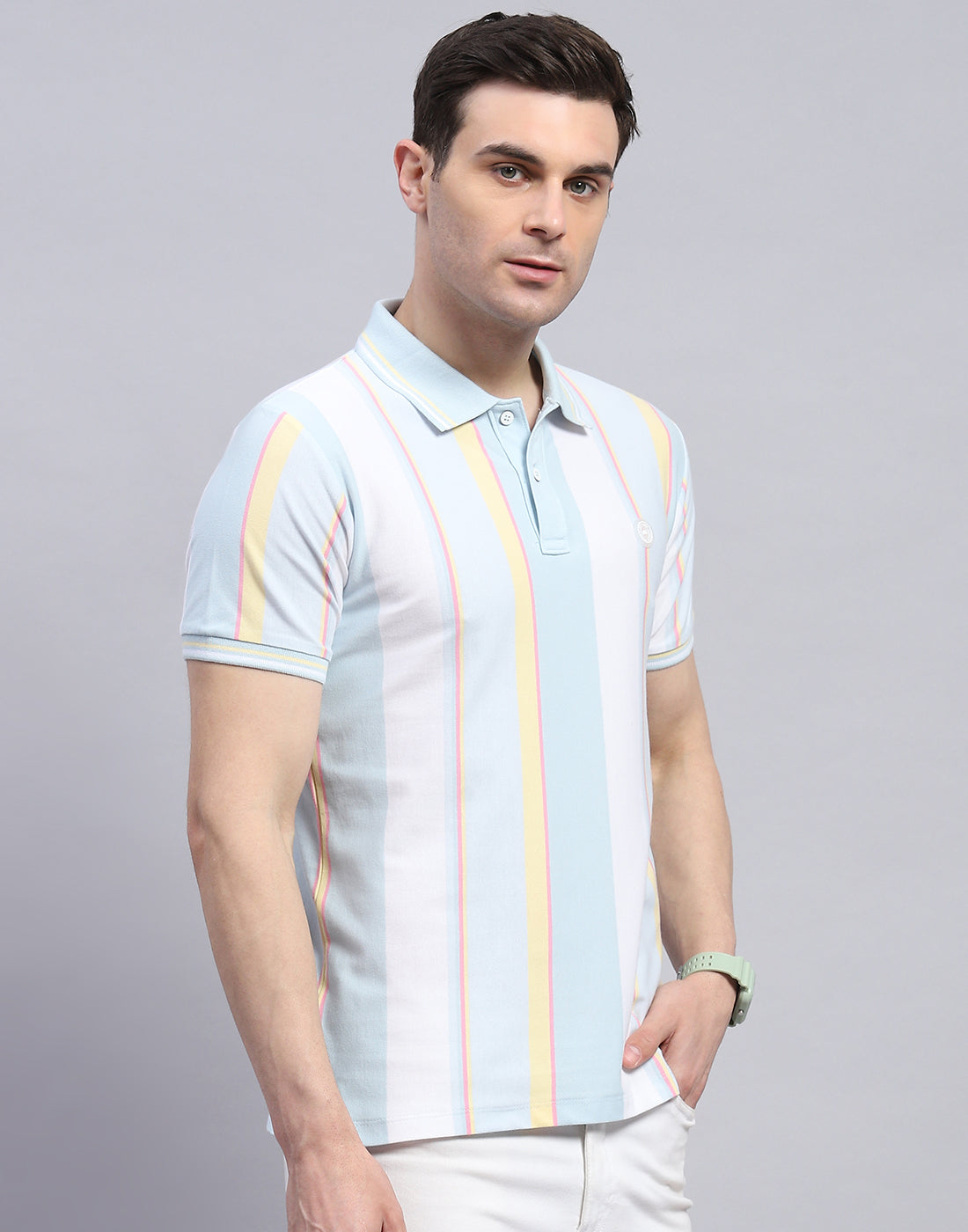 Men Blue Stripe Polo Collar Half Sleeve T-Shirt