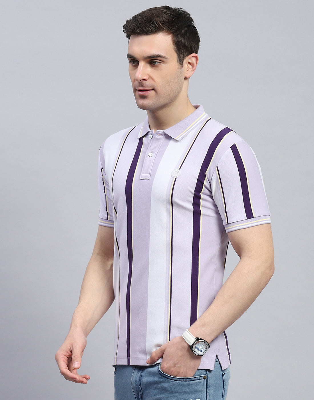 Men Purple Stripe Polo Collar Half Sleeve T-Shirt