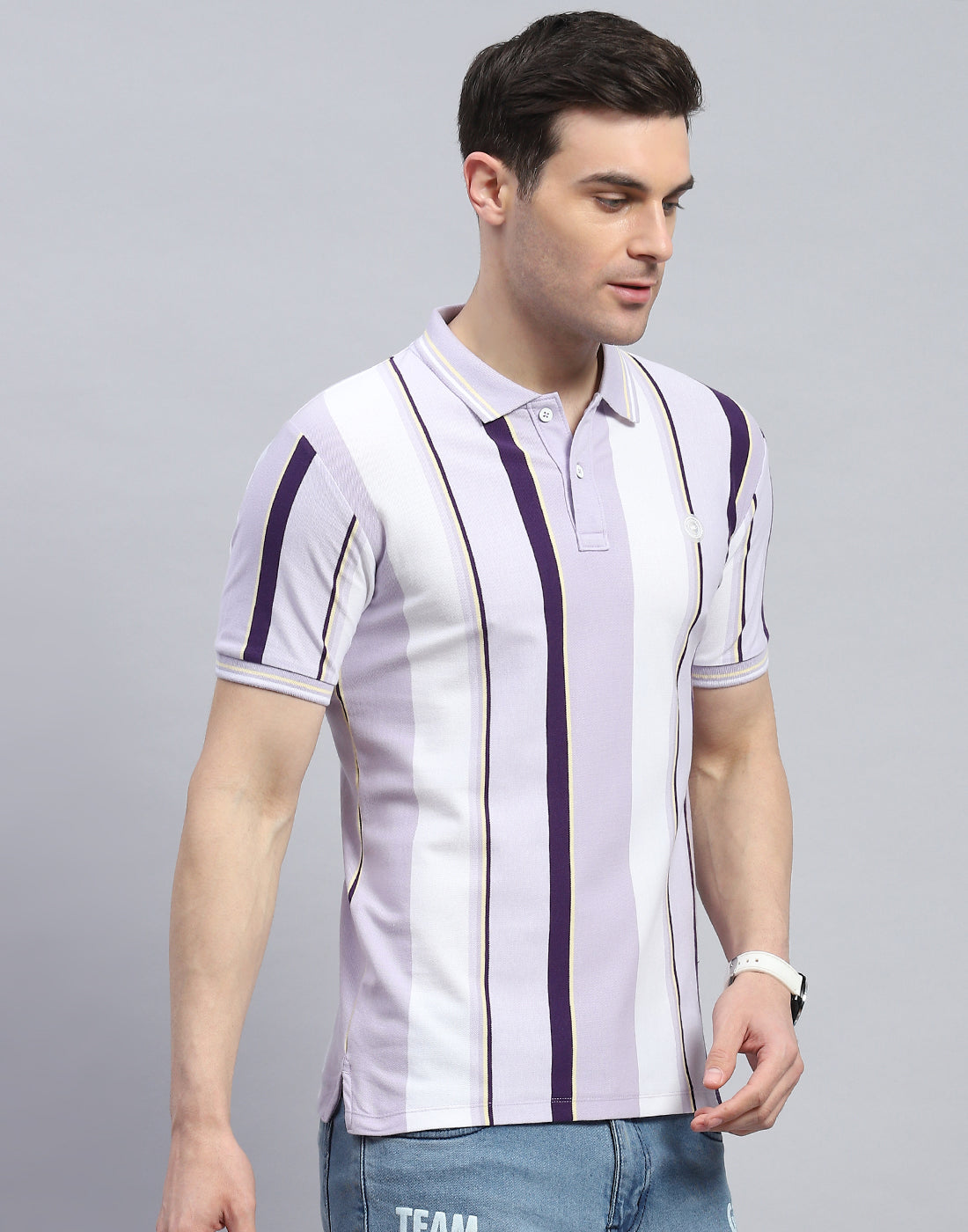 Men Purple Stripe Polo Collar Half Sleeve T-Shirt