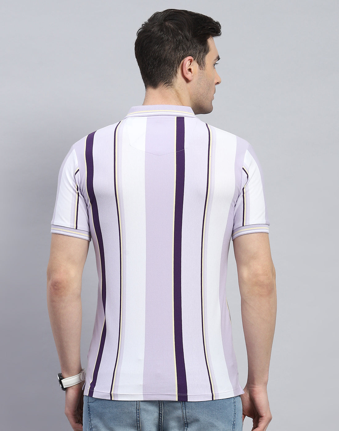 Men Purple Stripe Polo Collar Half Sleeve T-Shirt