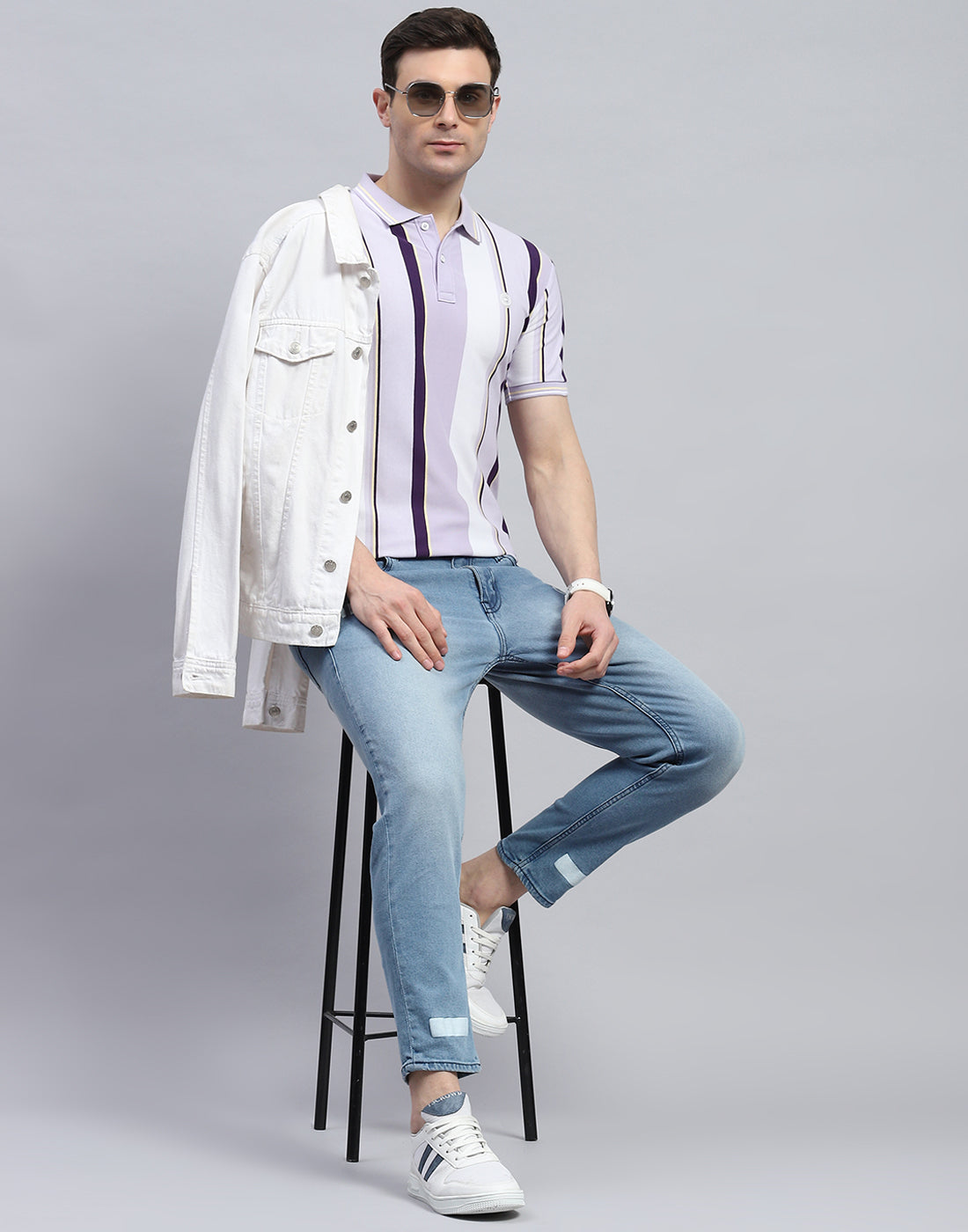 Men Purple Stripe Polo Collar Half Sleeve T-Shirt