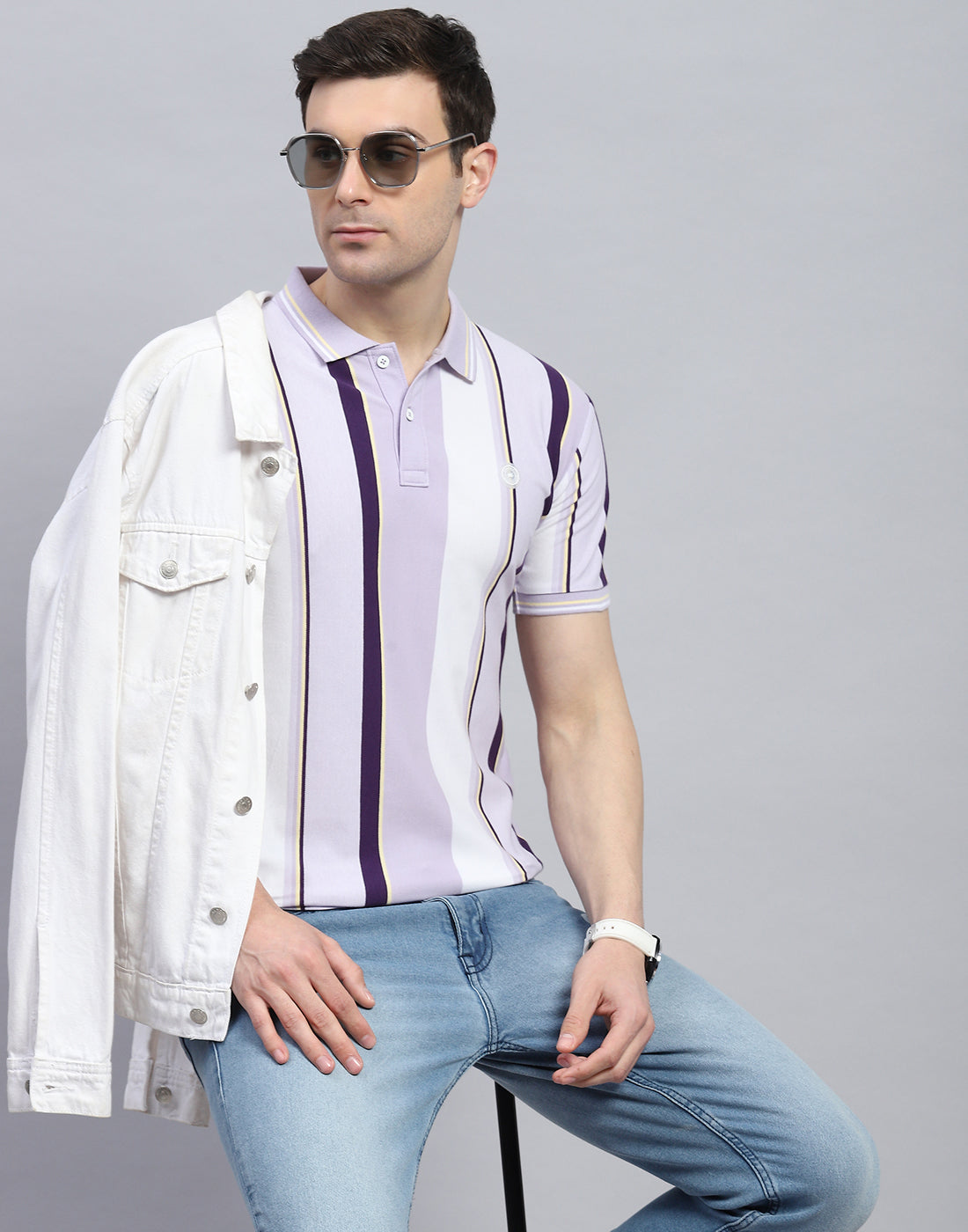 Men Purple Stripe Polo Collar Half Sleeve T-Shirt