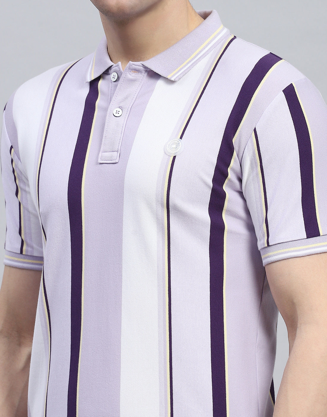 Men Purple Stripe Polo Collar Half Sleeve T-Shirt