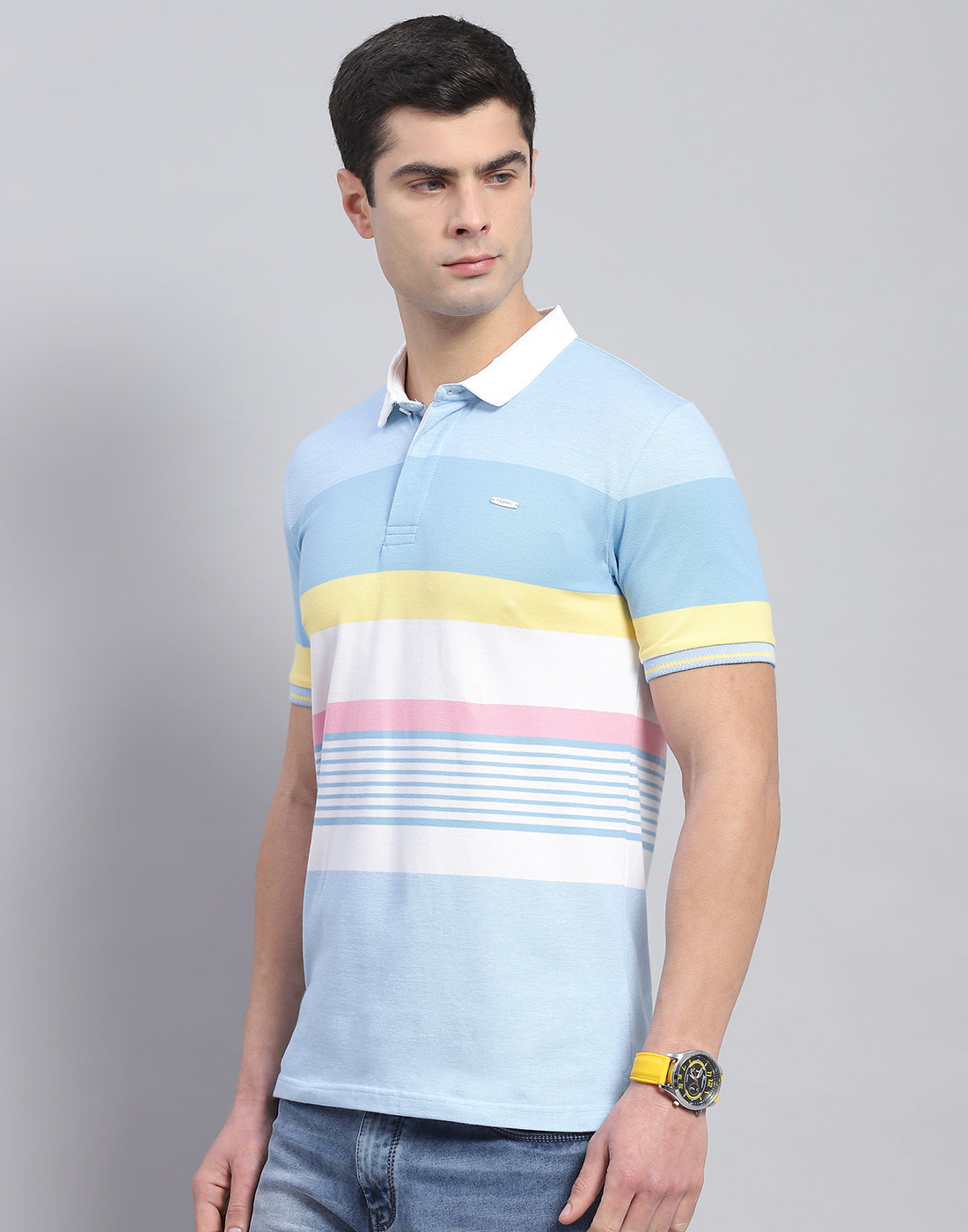 Men Blue Stripe Polo Collar Half Sleeve T-Shirt