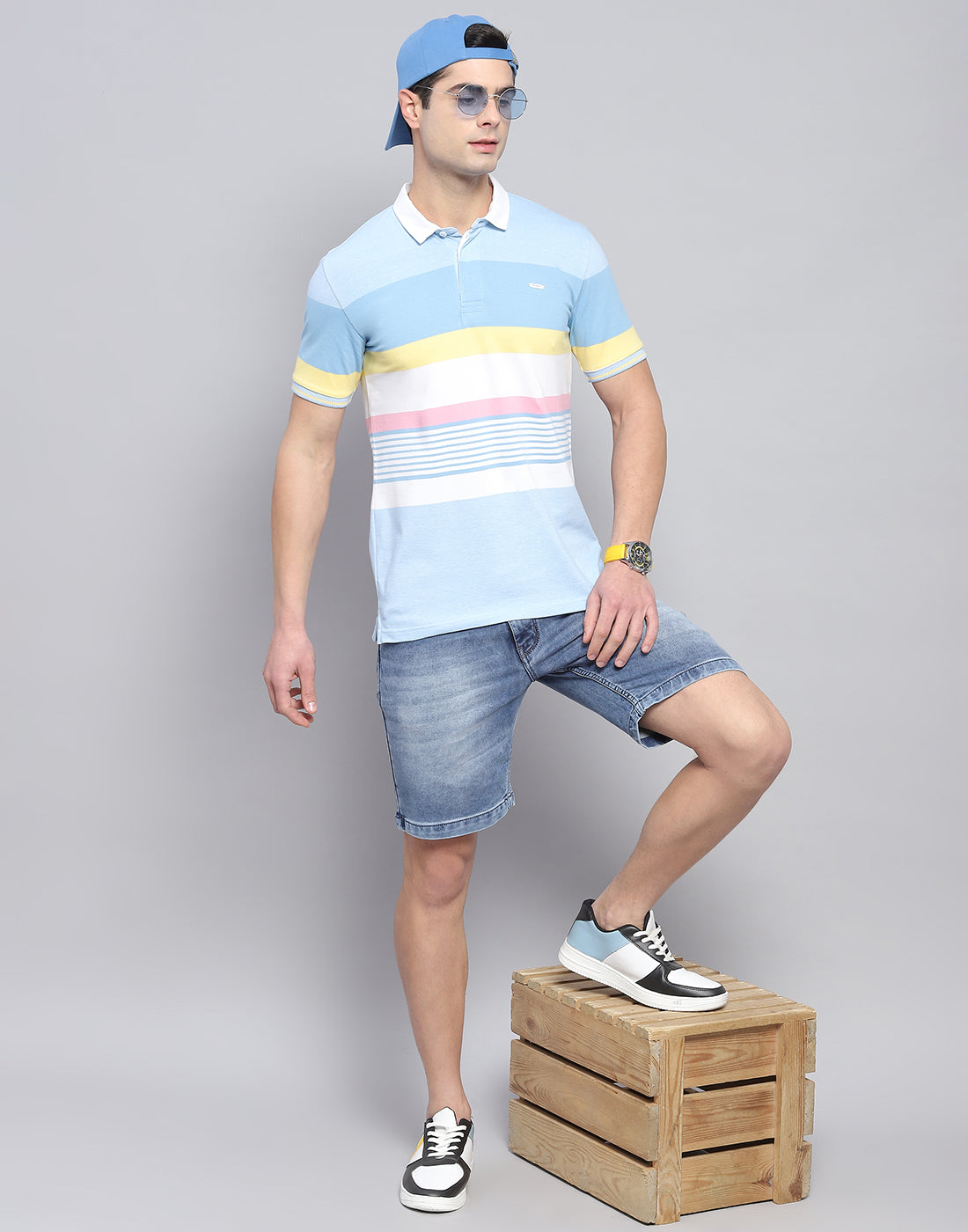 Men Blue Stripe Polo Collar Half Sleeve T-Shirt