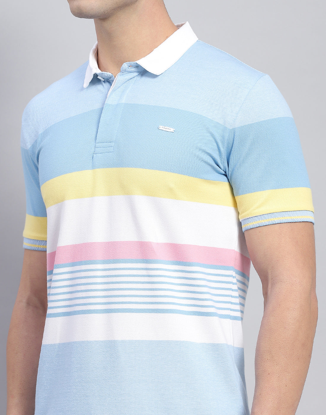 Men Blue Stripe Polo Collar Half Sleeve T-Shirt