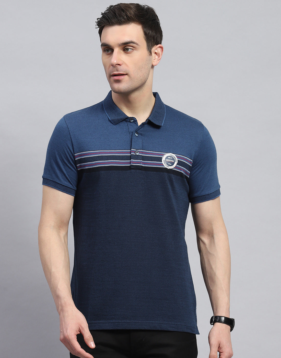 Men Navy Blue Stripe Polo Collar Half Sleeve T-Shirt