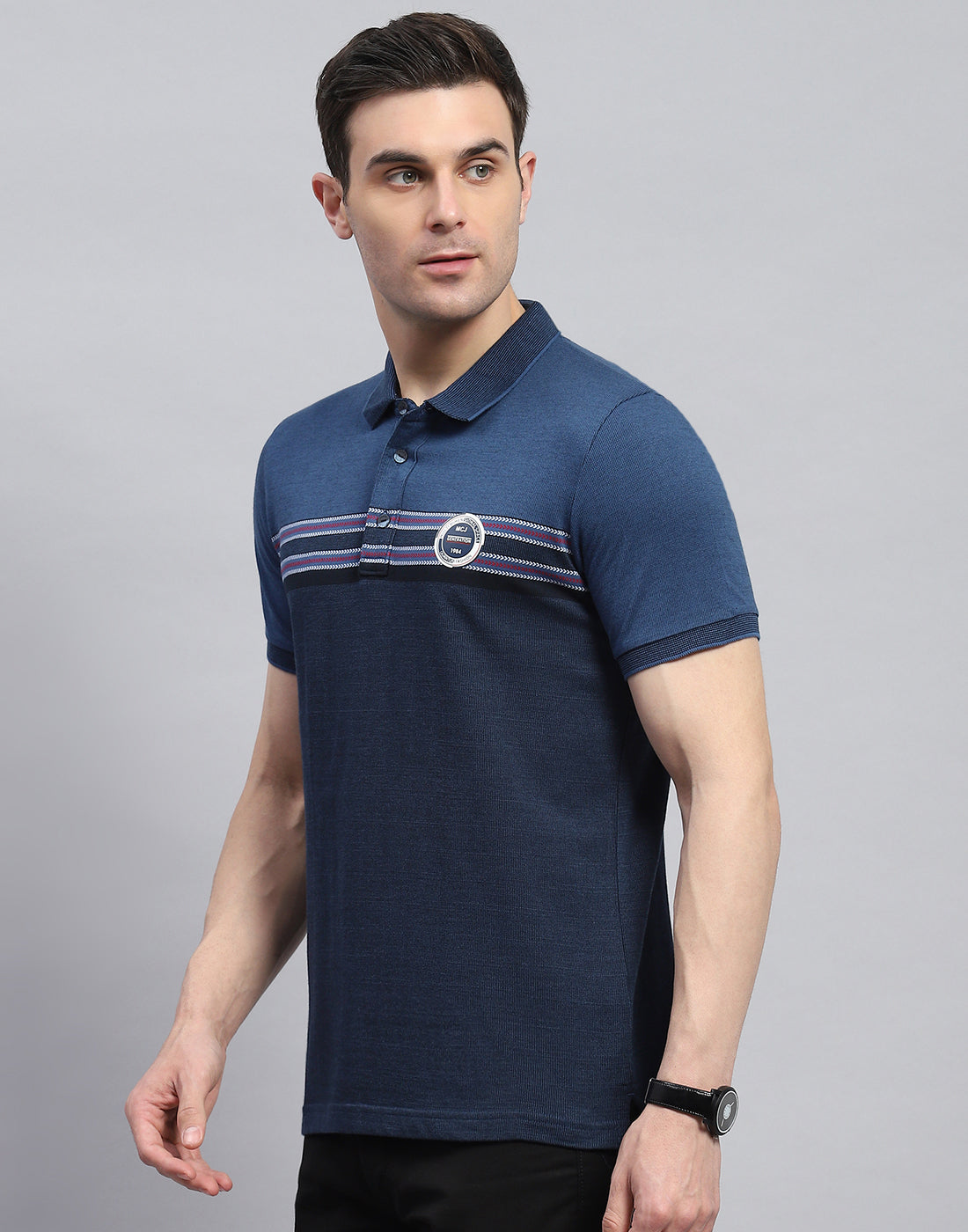 Men Navy Blue Stripe Polo Collar Half Sleeve T-Shirt