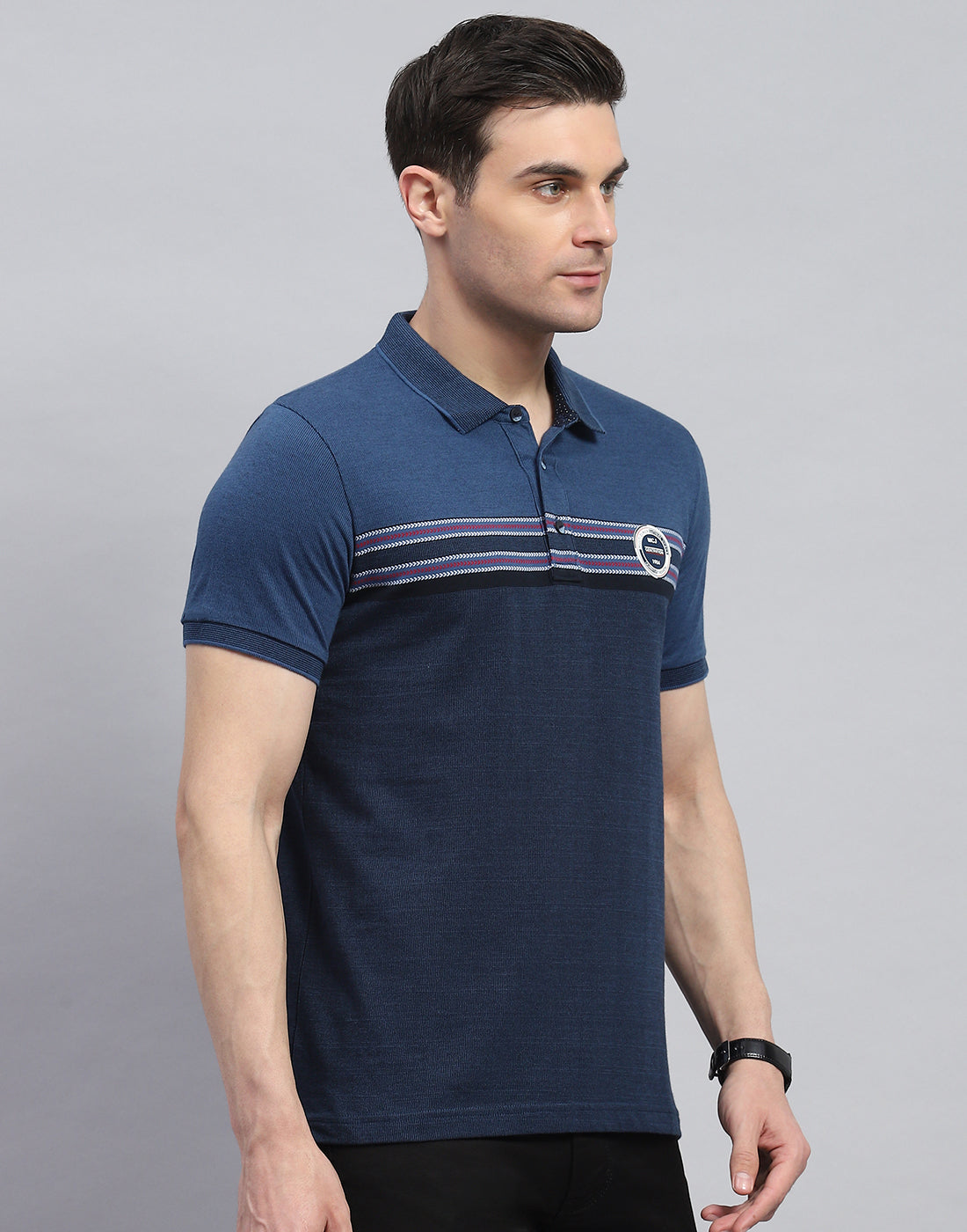 Men Navy Blue Stripe Polo Collar Half Sleeve T-Shirt