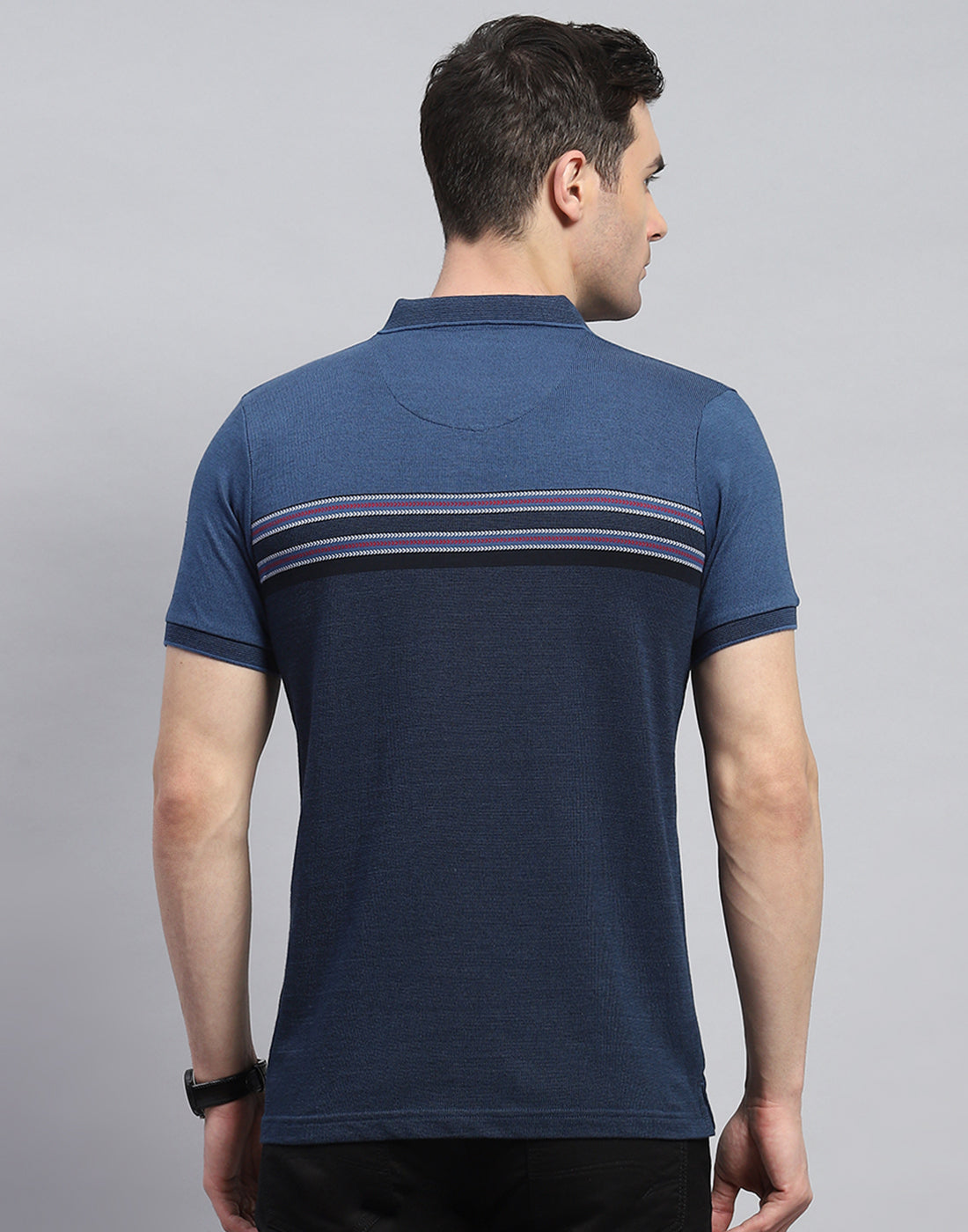 Men Navy Blue Stripe Polo Collar Half Sleeve T-Shirt